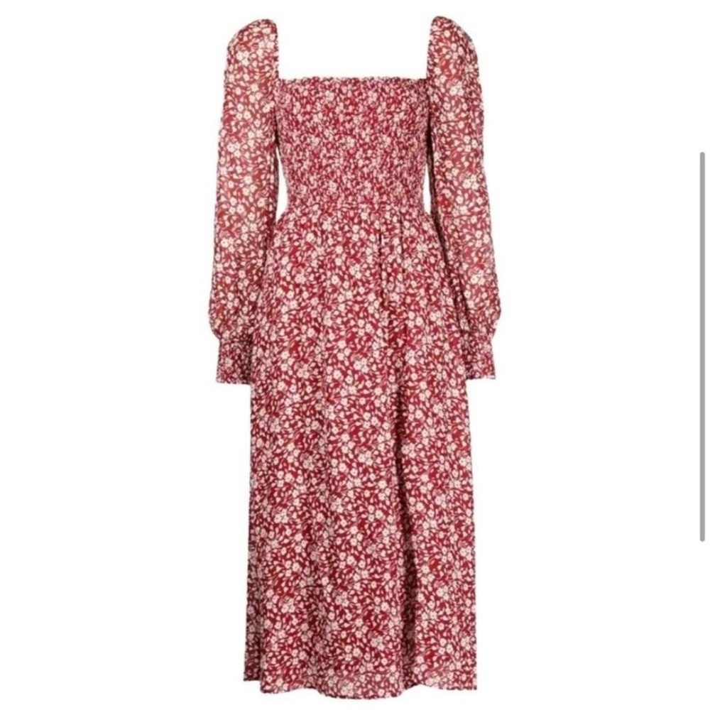 Reformation Red and White Floral Smocked Sundress with Bishop Sleeves